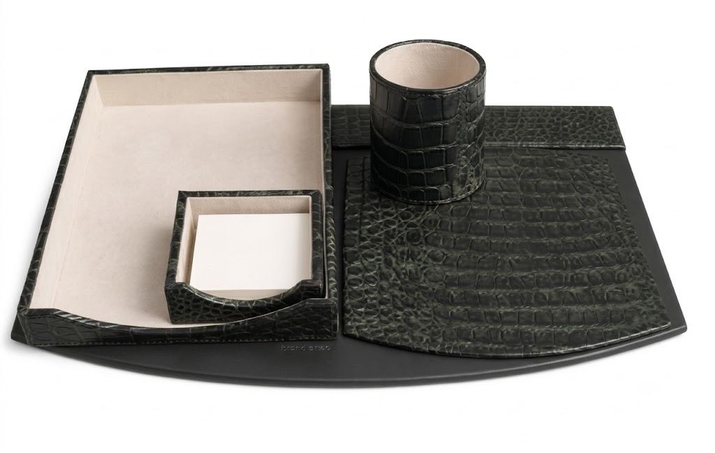 Leather desktop organiser set in croco-print leather