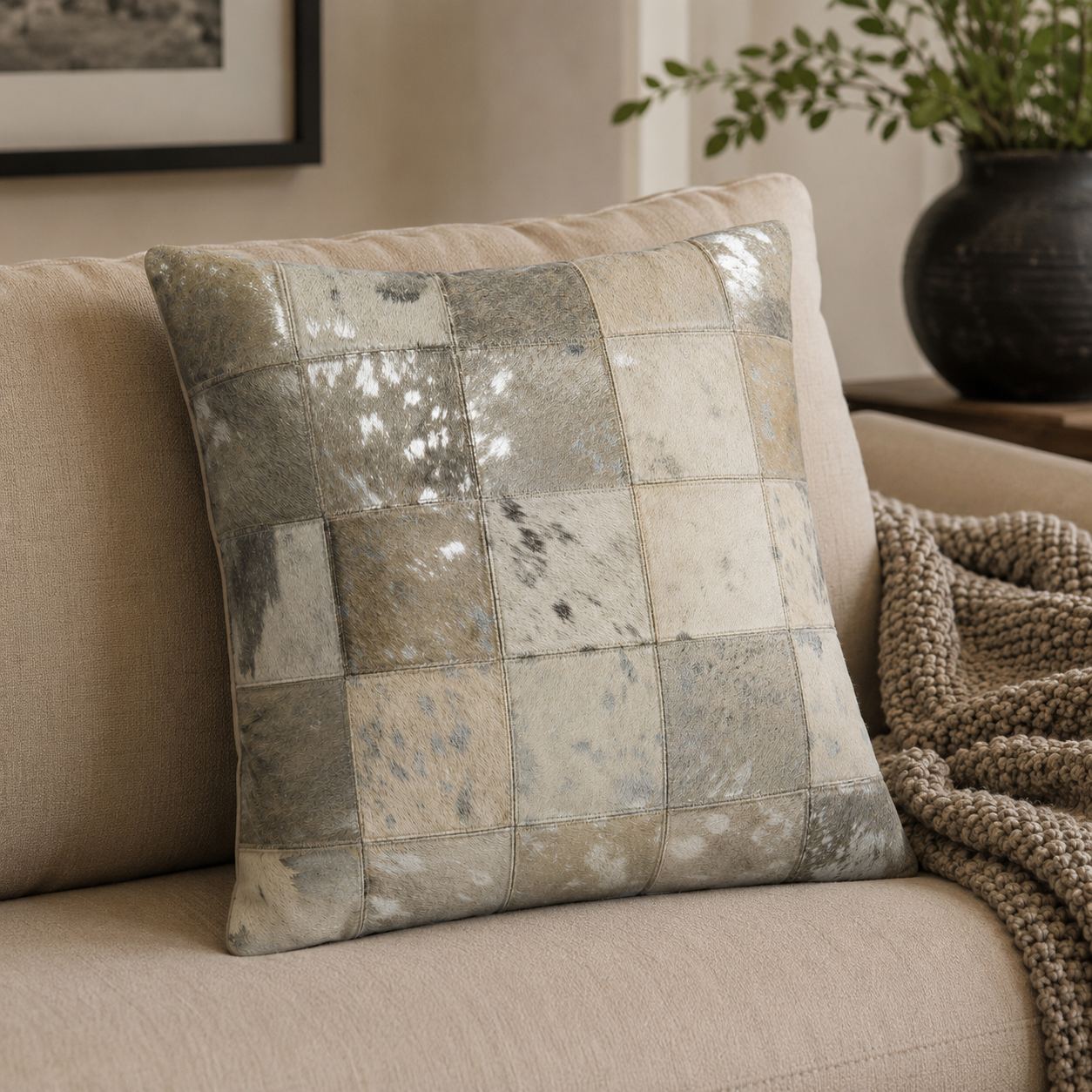 Hair-on-hide cushion with gold foil edge