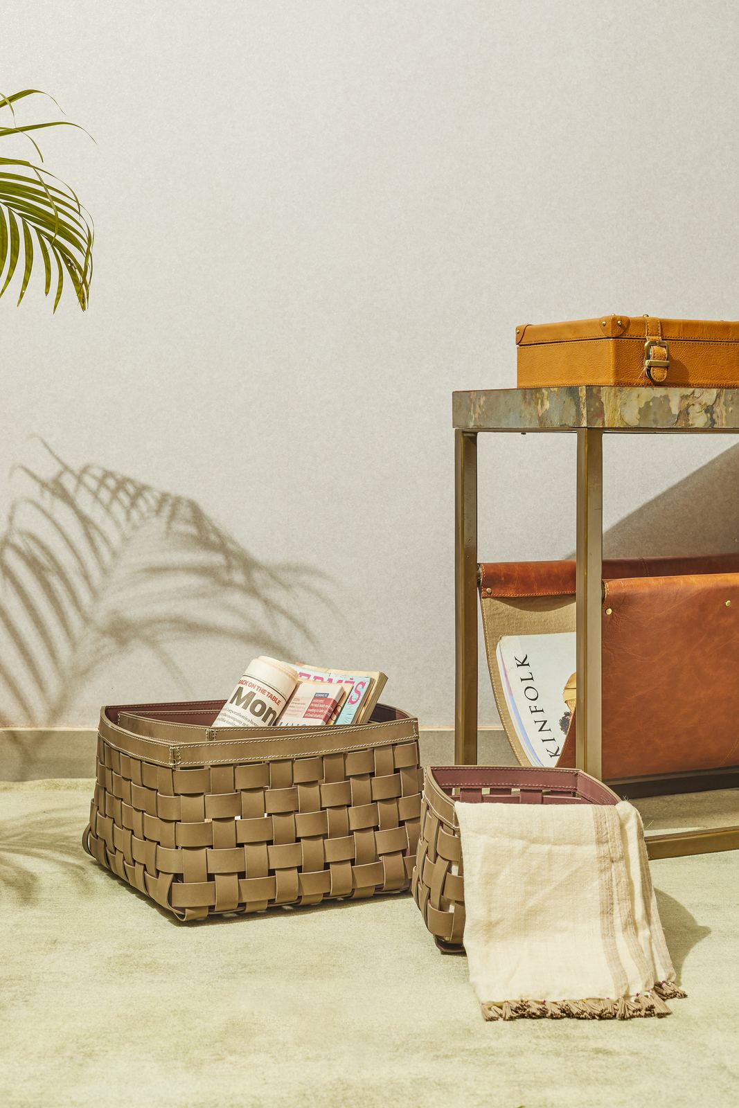 Split suede leather pieces styled in a living room